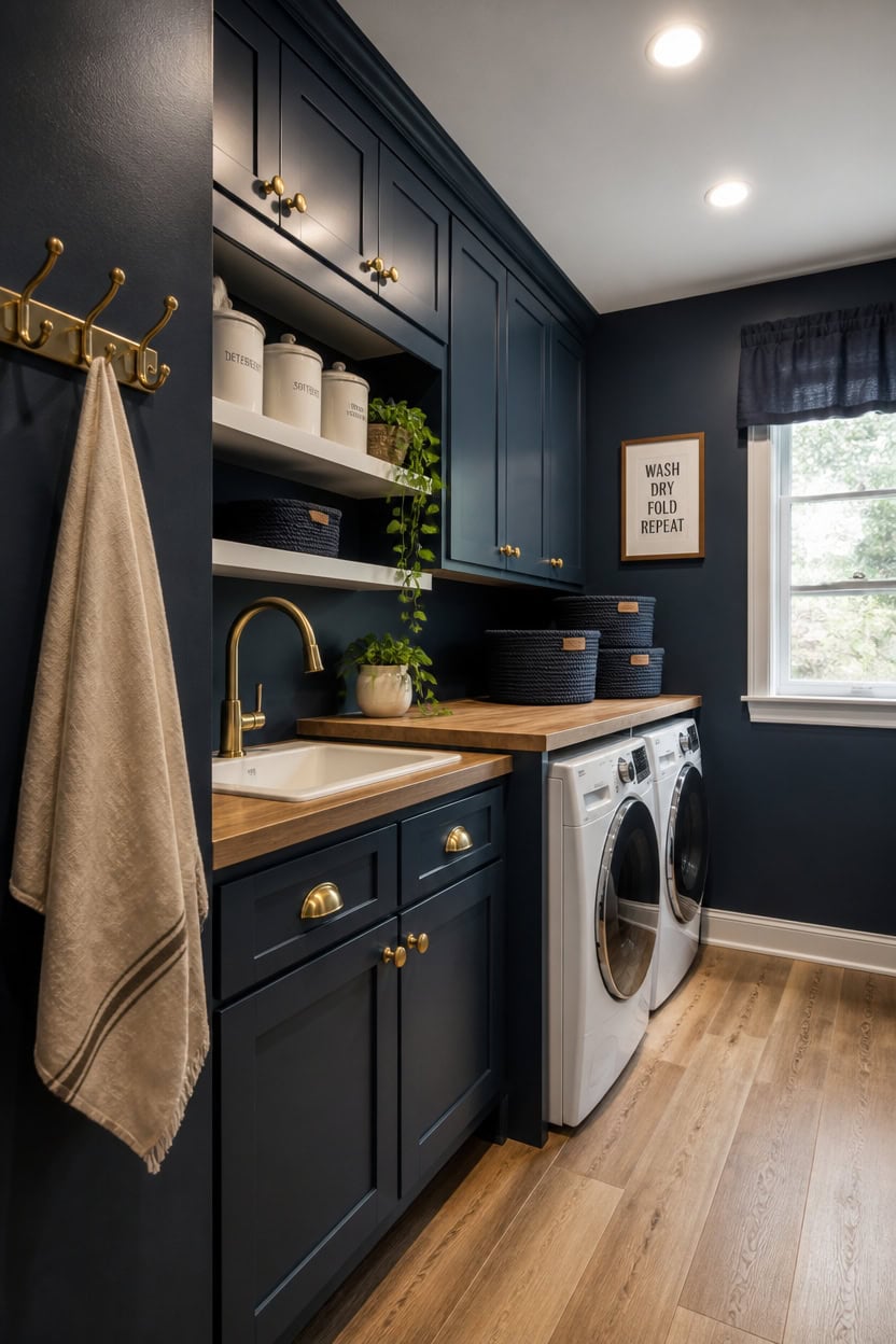navy walls brass hardware