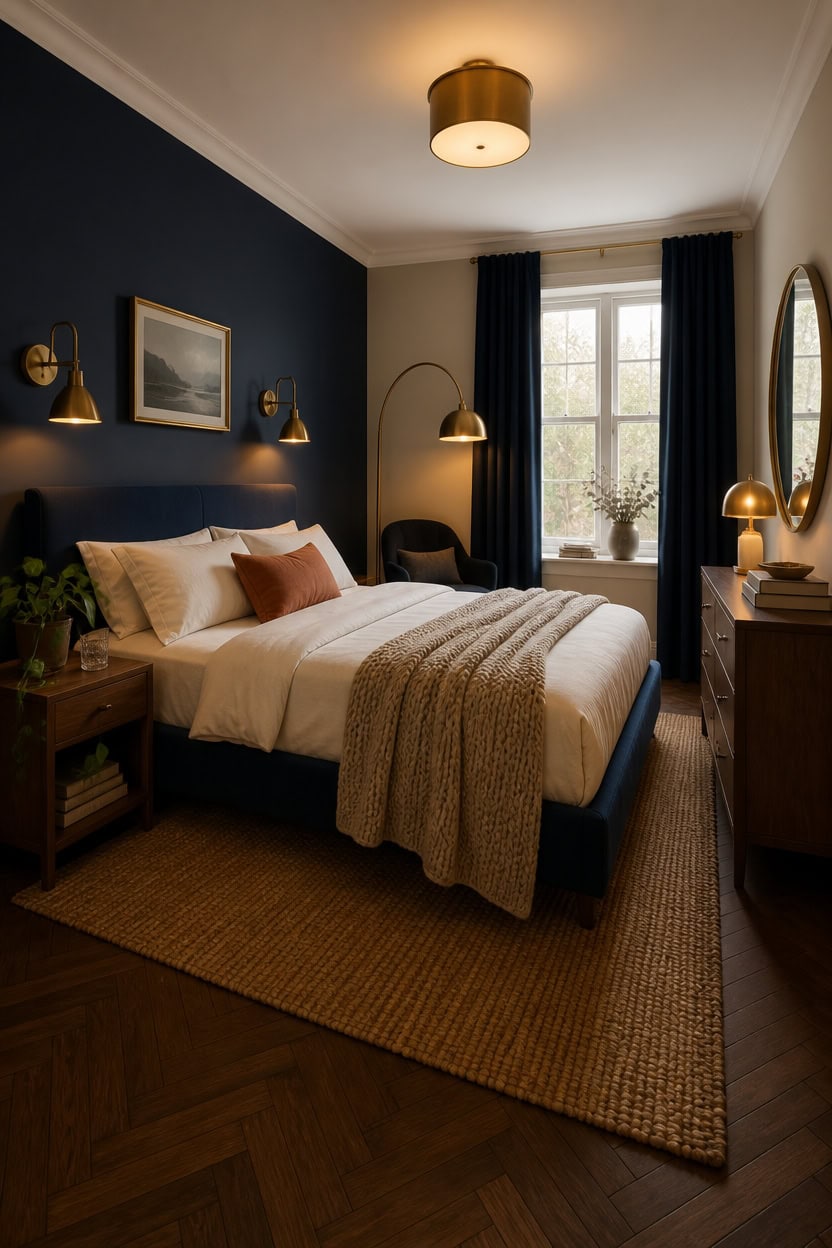 navy walls burnished brass lighting