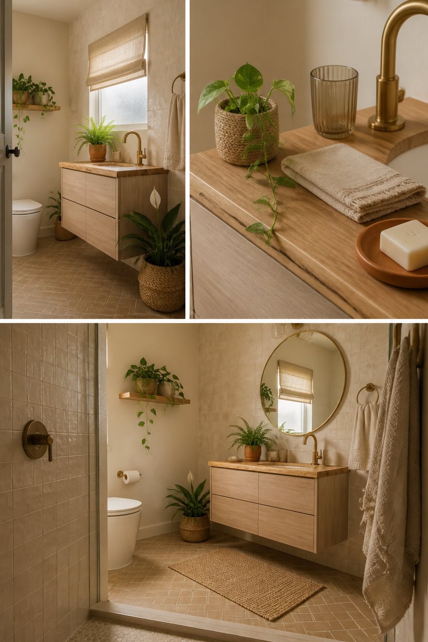 Bright bathroom featuring natural wood accents, lush green plants, and soft lighting for a relaxing atmosphere.