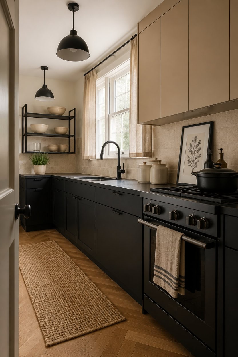 Modern kitchen with black cabinets, beige upper cabinets, and natural light from large window.