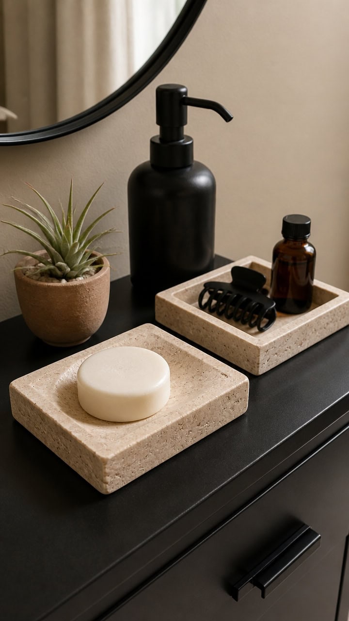 Bathroom countertop with soap, lotion, plant, and accessories.