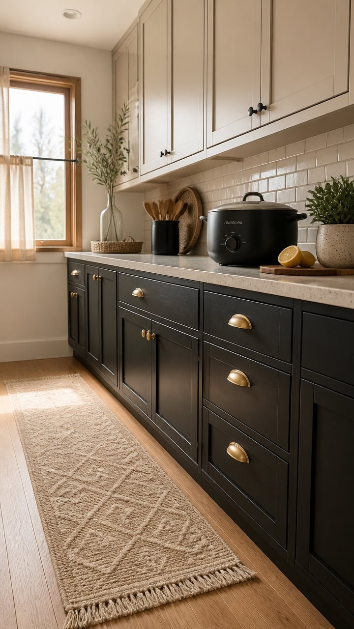Bright kitchen featuring black lower cabinets and white upper cabinets with gold hardware. Natural l.