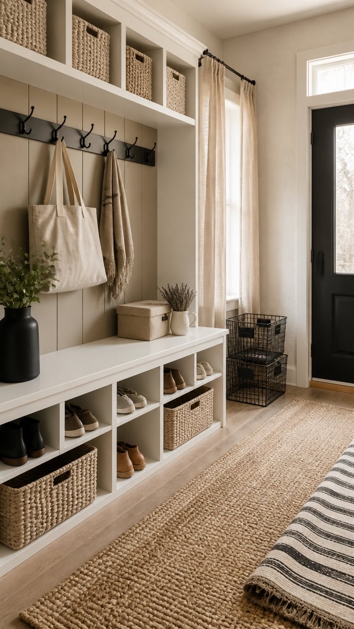 Entryway with storage bench, wall hooks, baskets, and decor in a modern apartment.