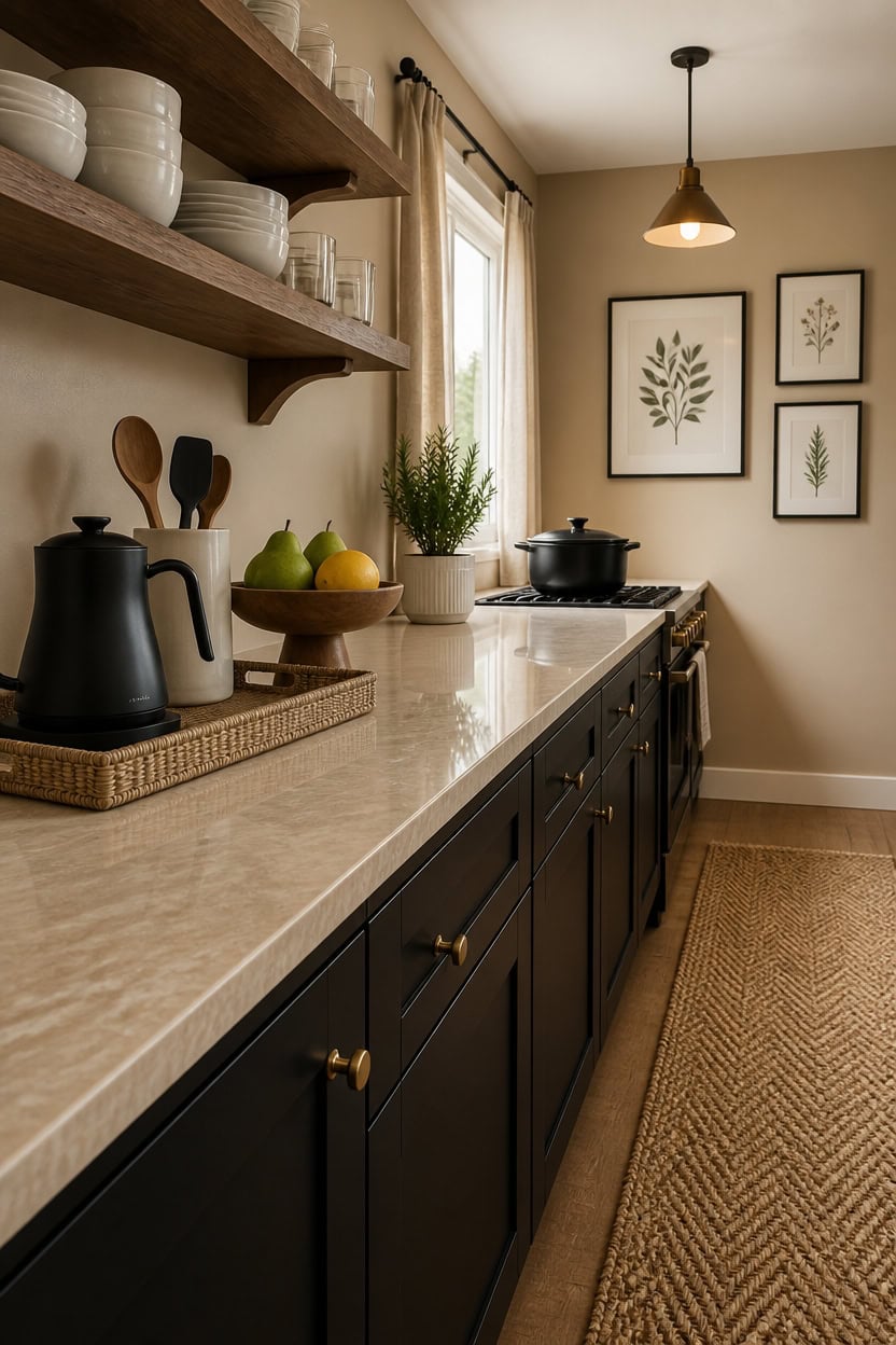 Bright kitchen with open wooden shelves, black cabinetry, and fresh decor, ideal for apartment livin.