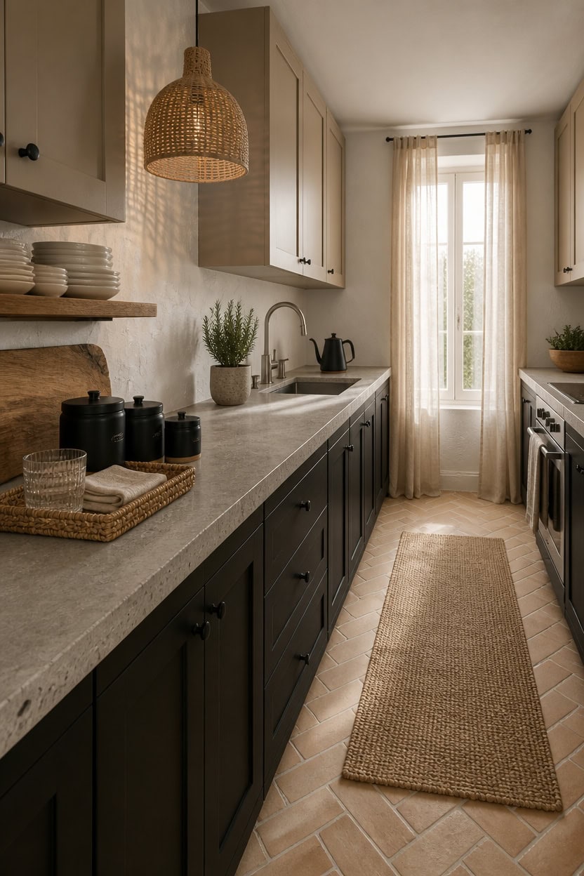 Bright kitchen with beige curtains, natural light, and stylish black and beige cabinetry. Features a.