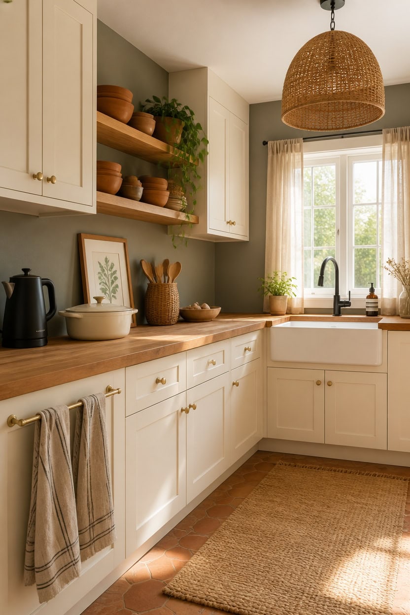Bright kitchen with white cabinets, open wooden shelves, and a large window letting in natural sunli.