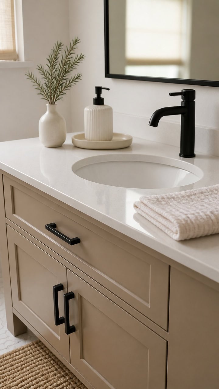 Bathroom vanity with sink, black faucet, soap dispenser, and decorative plant.