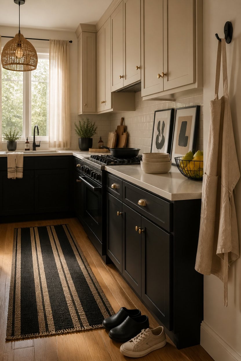 Bright kitchen with black and white cabinetry, large window, and stylish decor.