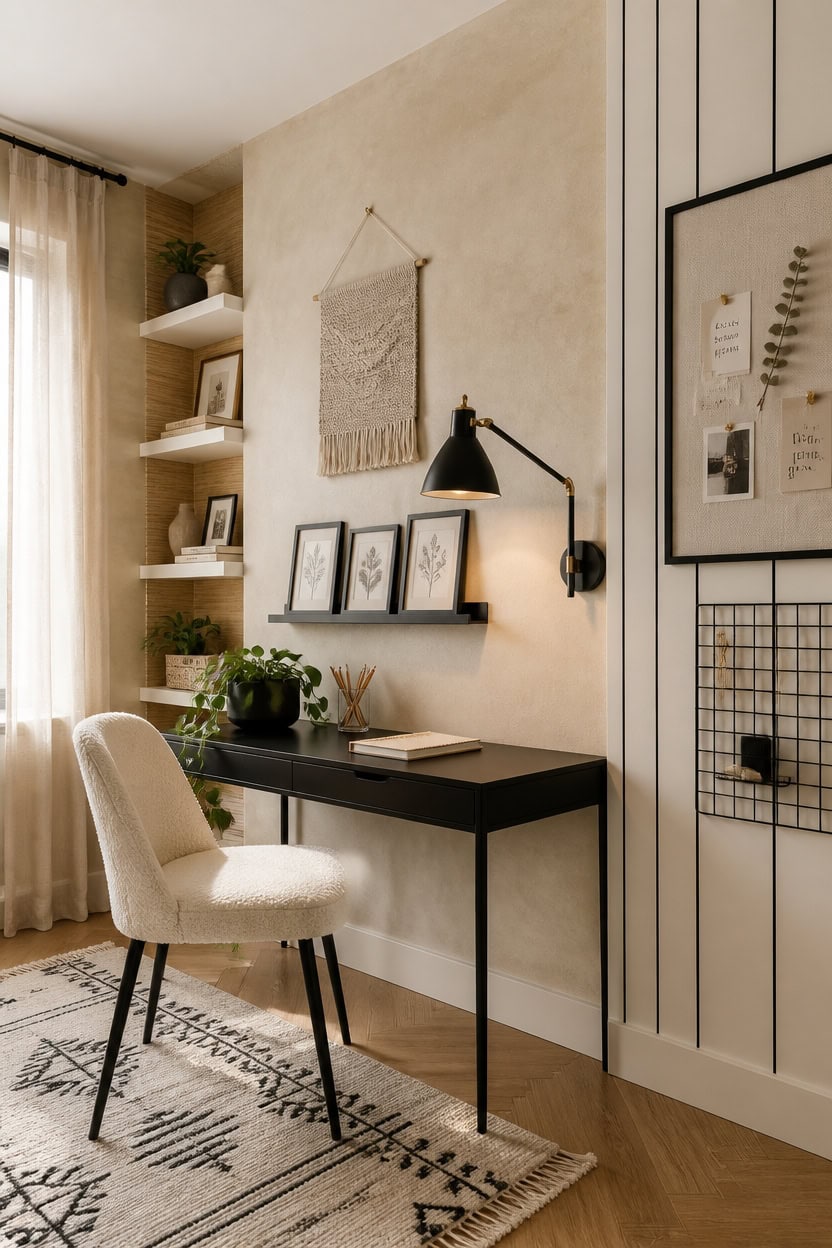 Stylish home office with desk, wall art, and cozy decor elements.