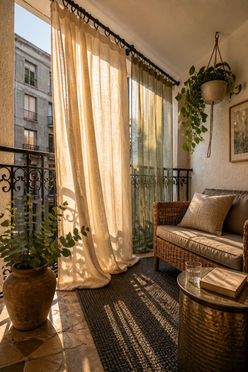 Balcony with sheer curtains, wicker sofa, and potted plants, offering a relaxing outdoor space in an.