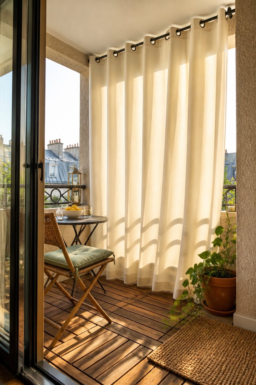 Bright balcony with cream curtains, wooden floor, and potted plant, ideal for relaxing outdoor space.