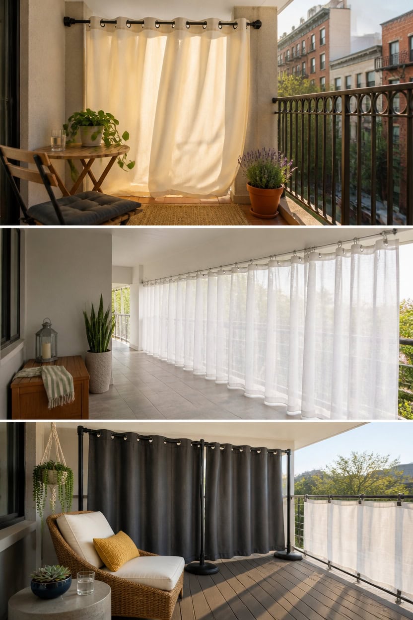 Bright balcony with flowing white curtains and potted plants, perfect for relaxing and enjoying city.