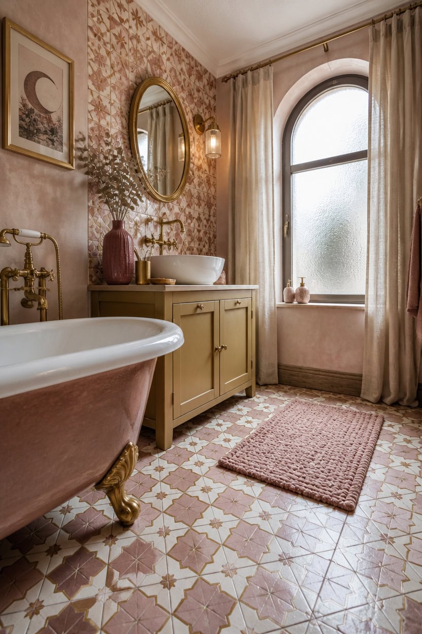 Vintage bathroom with a clawfoot bathtub, elegant vanity, and large arched window. Stylish decor and.
