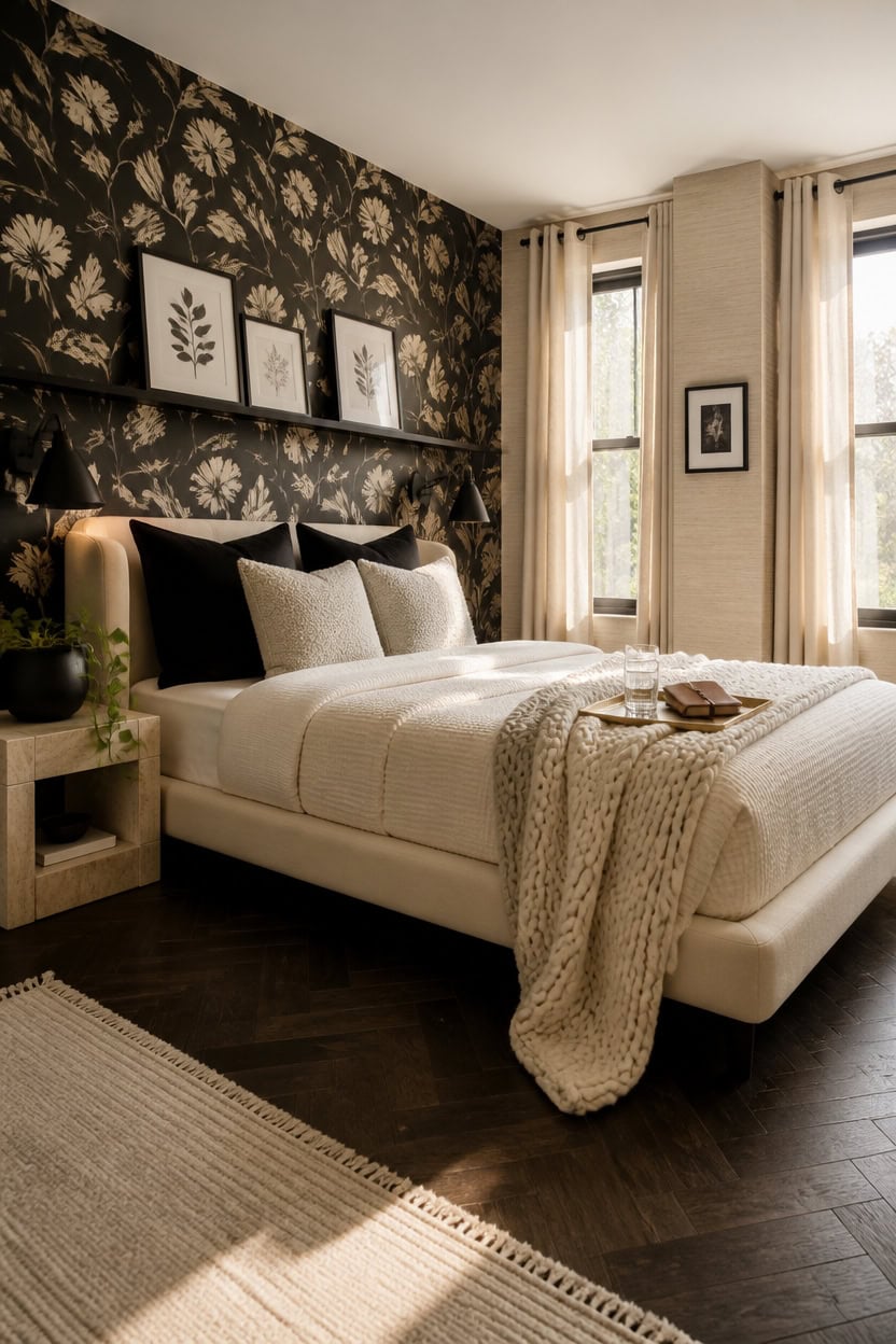 Modern bedroom with floral wallpaper, large windows, and elegant bedding.