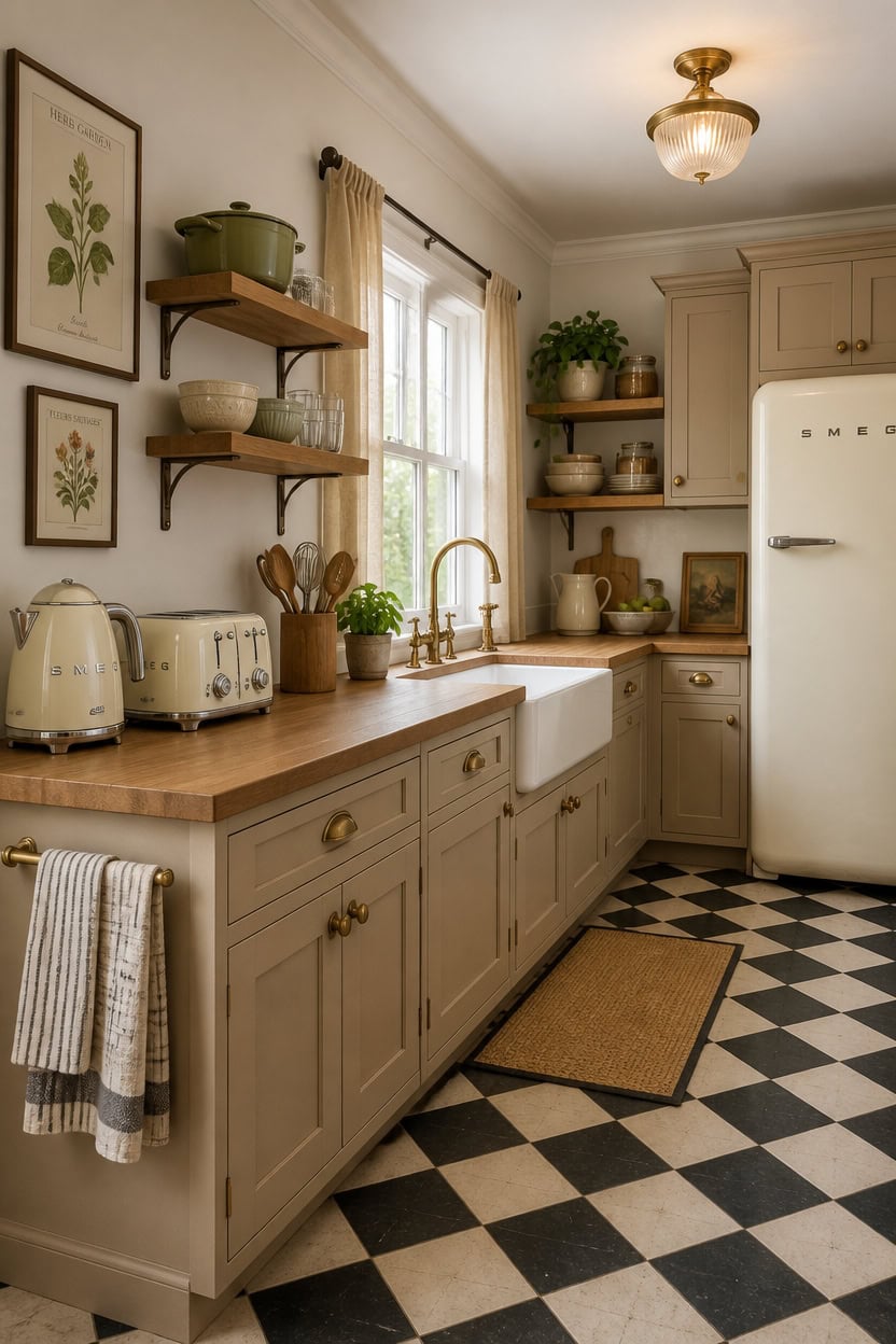 Charming vintage kitchen with cream cabinets, open shelves, and black-and-white checkered floor.