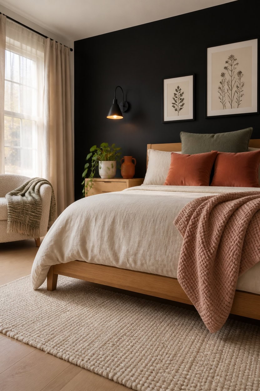 Modern bedroom with cozy bed, natural light, and stylish decor.
