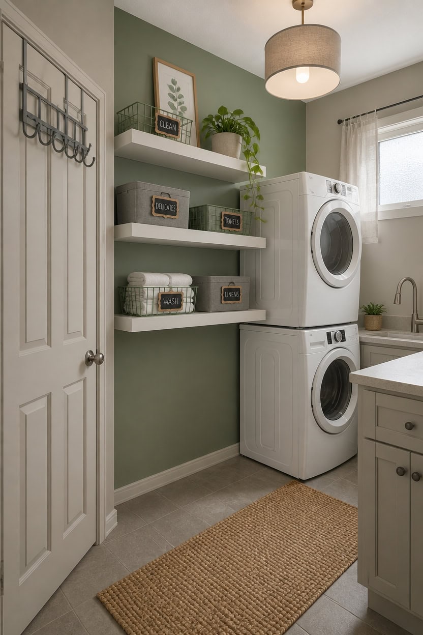 open shelving with labeled bins