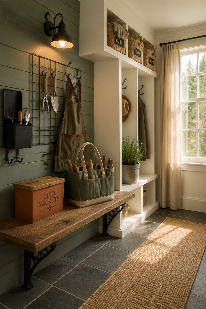 Entryway with hooks, storage baskets, and a potted plant in a bright, welcoming apartment space.
