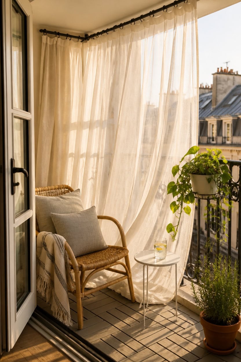 Bright balcony with sheer curtains, wicker chair, and potted plants in a city apartment.