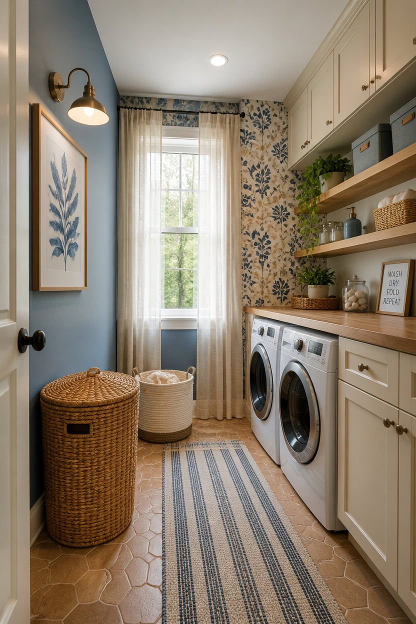 Bright laundry room with washer and dryer, decorative wallpaper, and ample storage space.