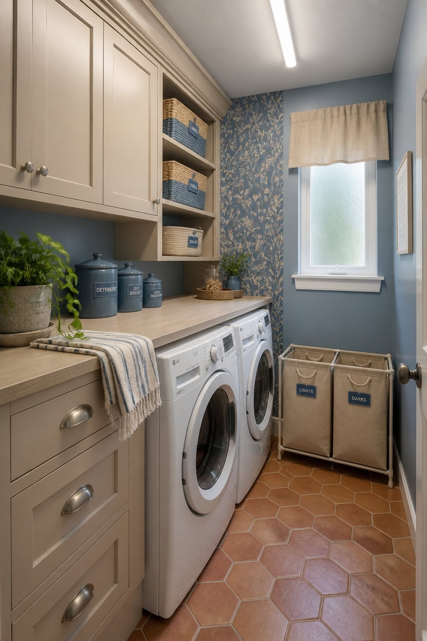 Laundry room with front-loading washer, cabinetry, and storage baskets.