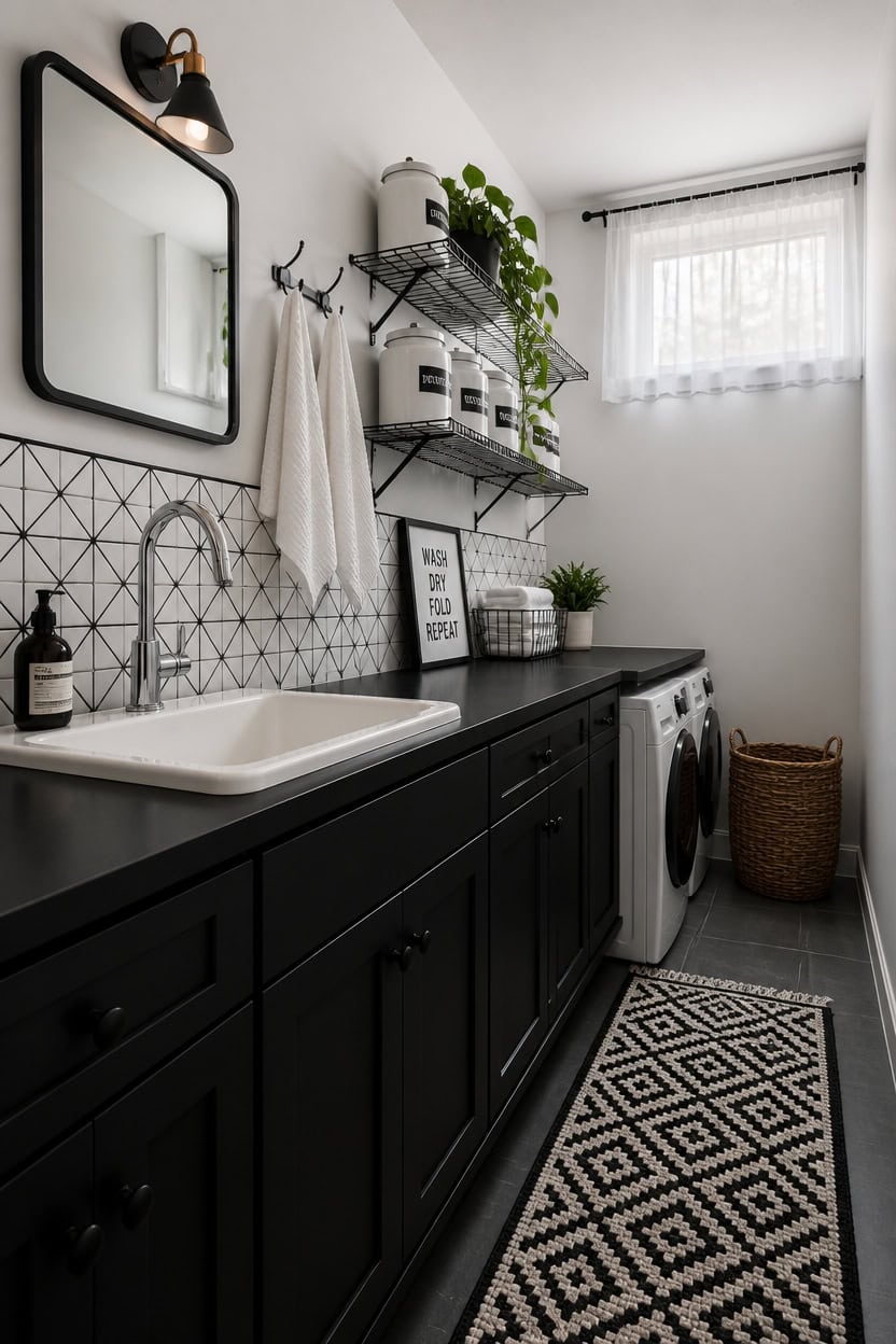 Stylish black kitchen with laundry space, white backsplash, and decorative accents.