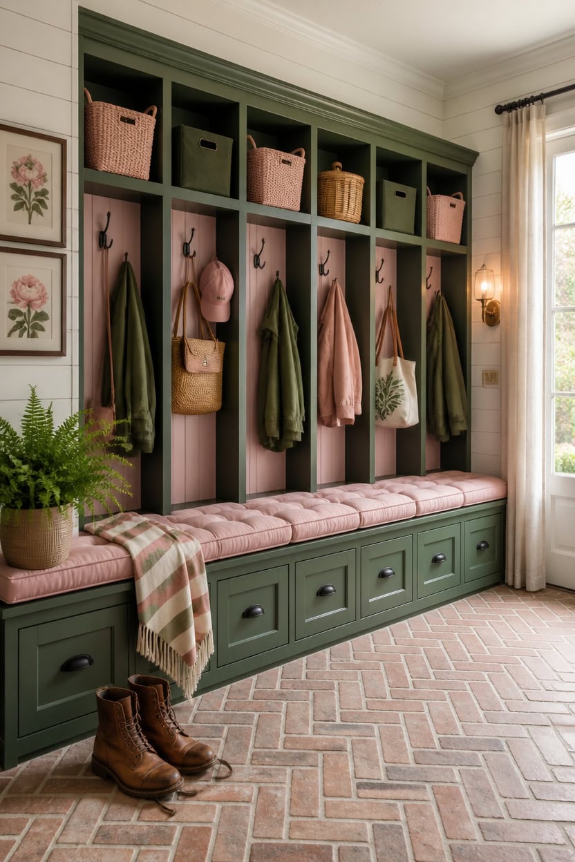Organized mudroom with green storage bench, hooks, and baskets for shoes and accessories.