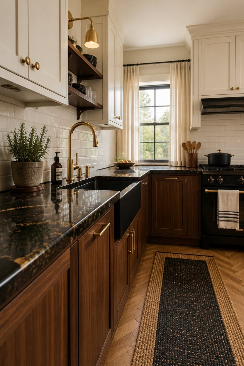 Bright kitchen with white and wood cabinetry, black granite countertops, and a large window. Perfect.