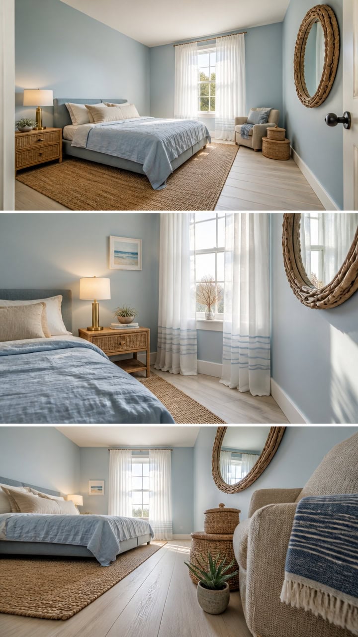 Bright bedroom with large window, soft blue walls, and comfortable bedding, creating a relaxing and inviting atmosphere.