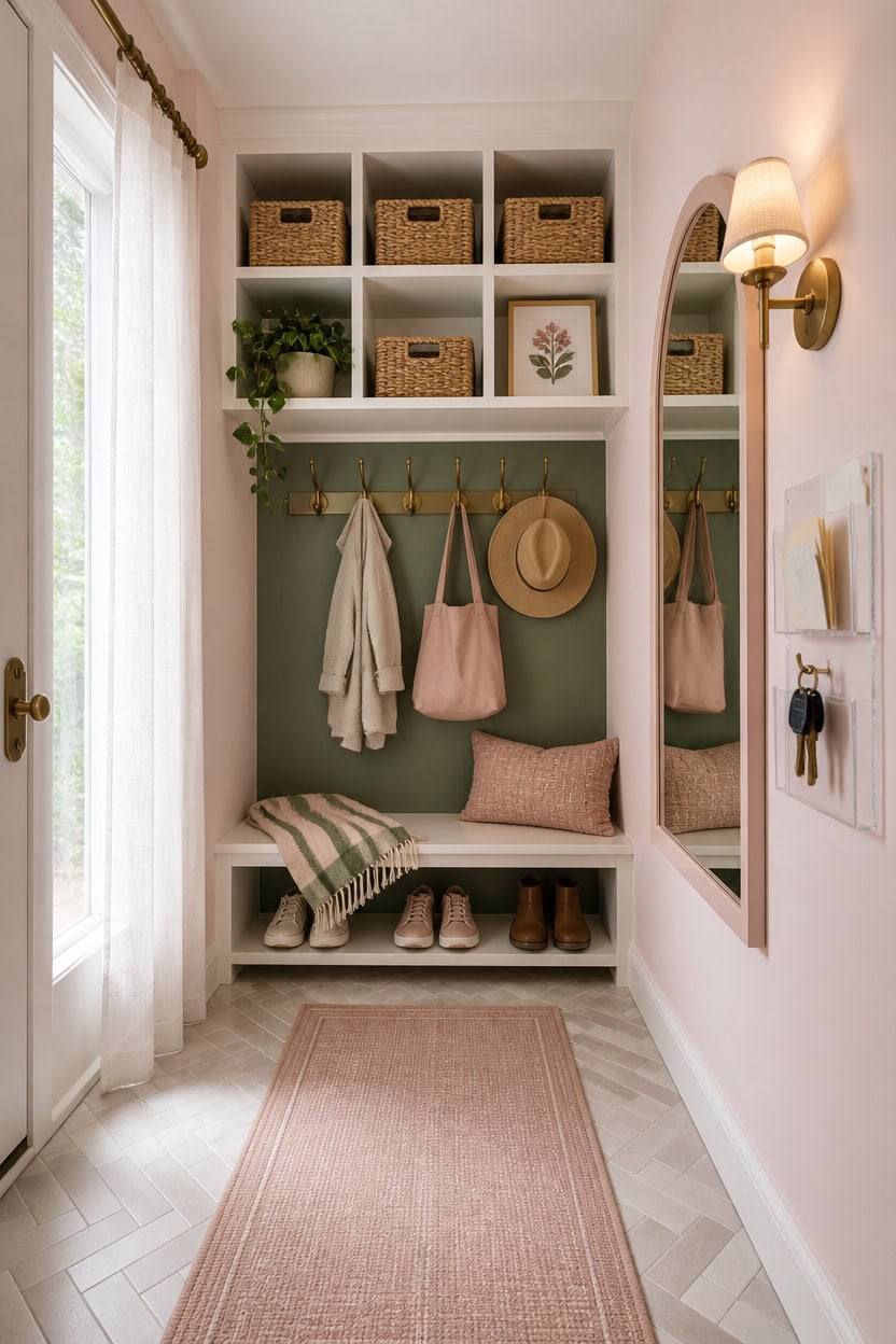 Entryway storage with baskets, hooks, and mirror in a modern apartment.