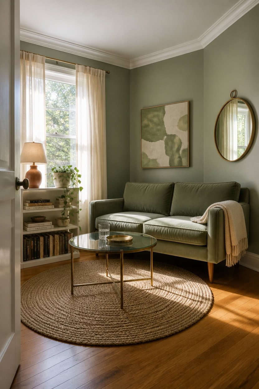 Bright living room with green sofa, round mirror, and natural light from window.