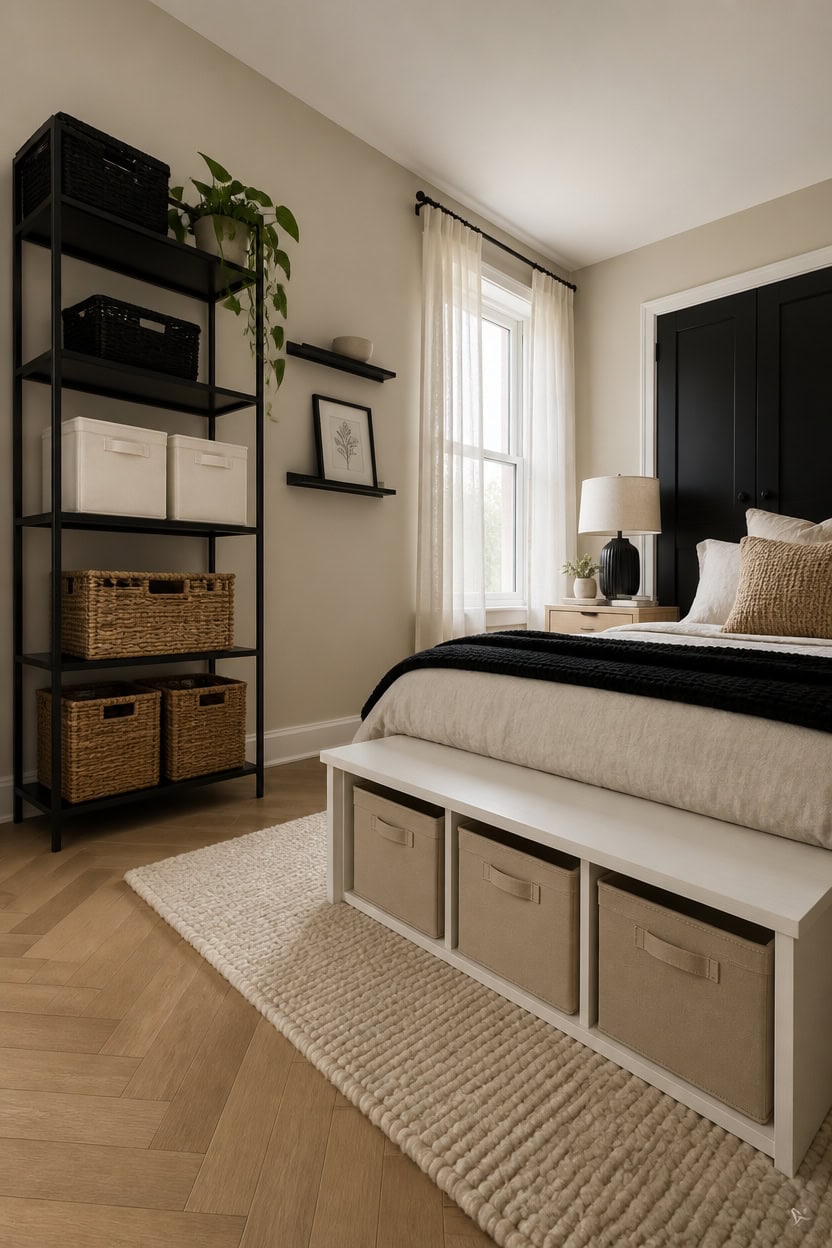 Cozy bedroom featuring a storage bench, black accent wall, and stylish shelving units for a function.
