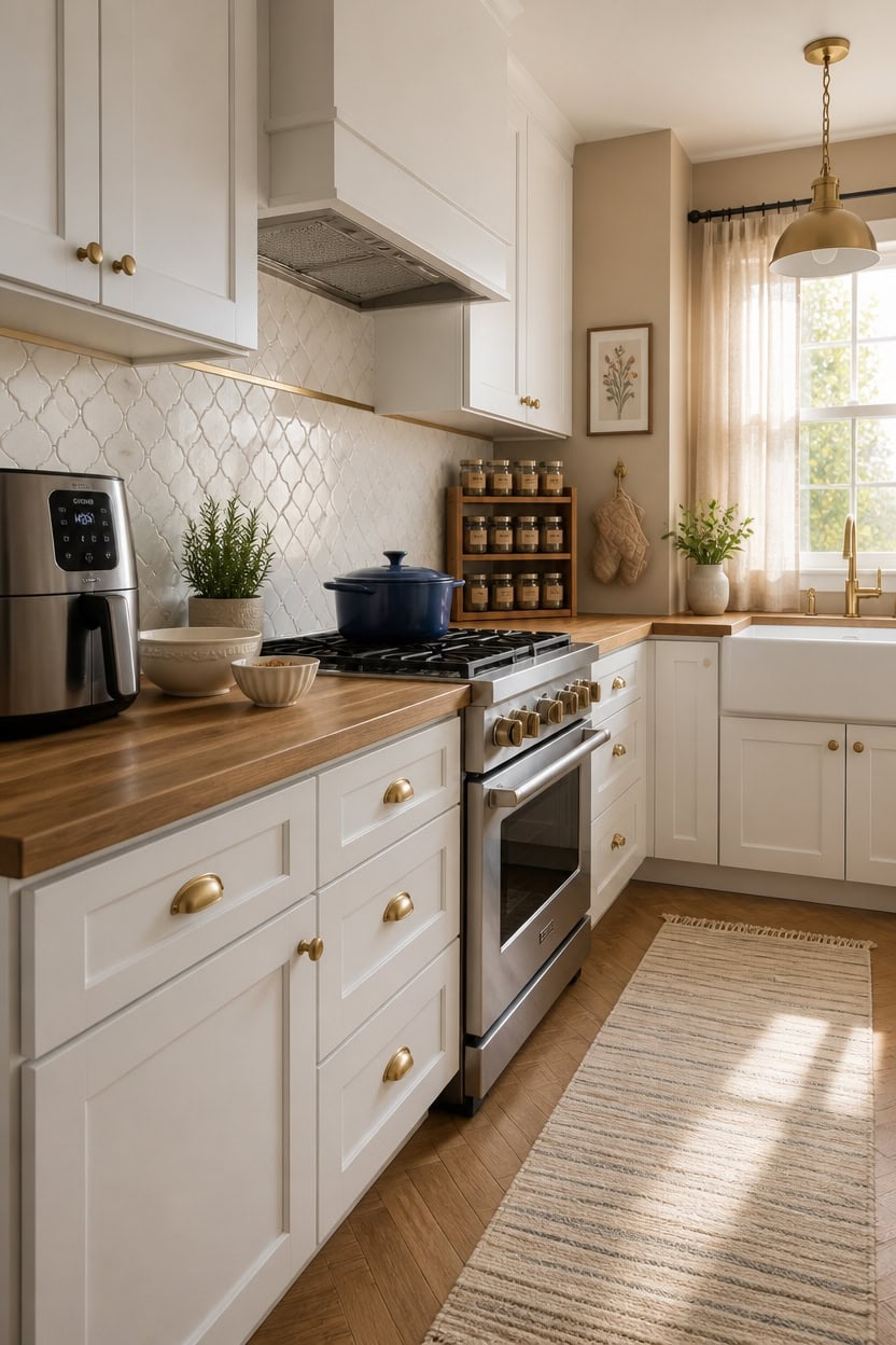 Bright and cozy kitchen with white cabinets, wooden countertops, and natural sunlight.
