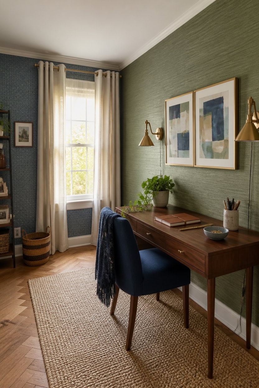 Bright home office with green accent wall, wooden desk, navy chair, and natural light from window.
