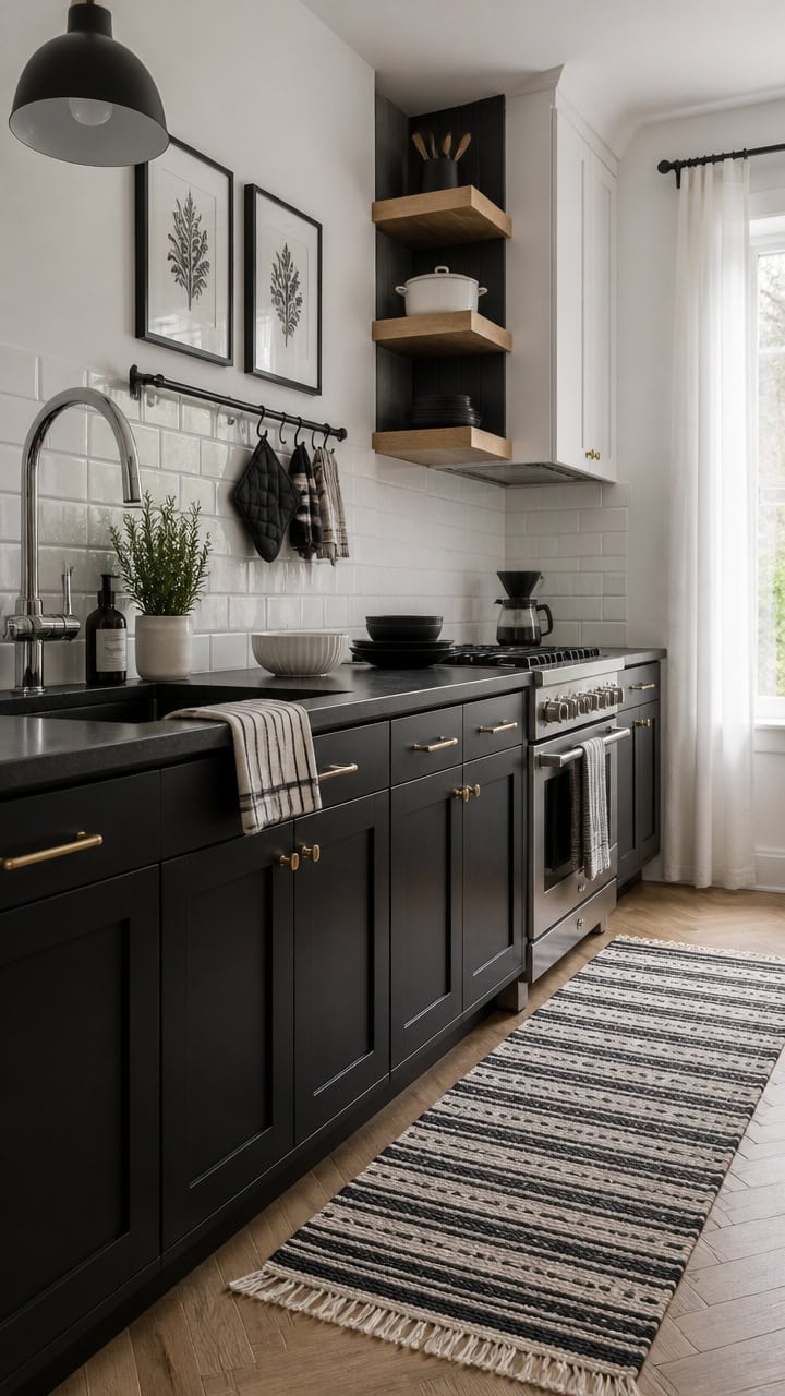 Black kitchen cabinets with gold accents, open wooden shelves, and a window letting in natural light.