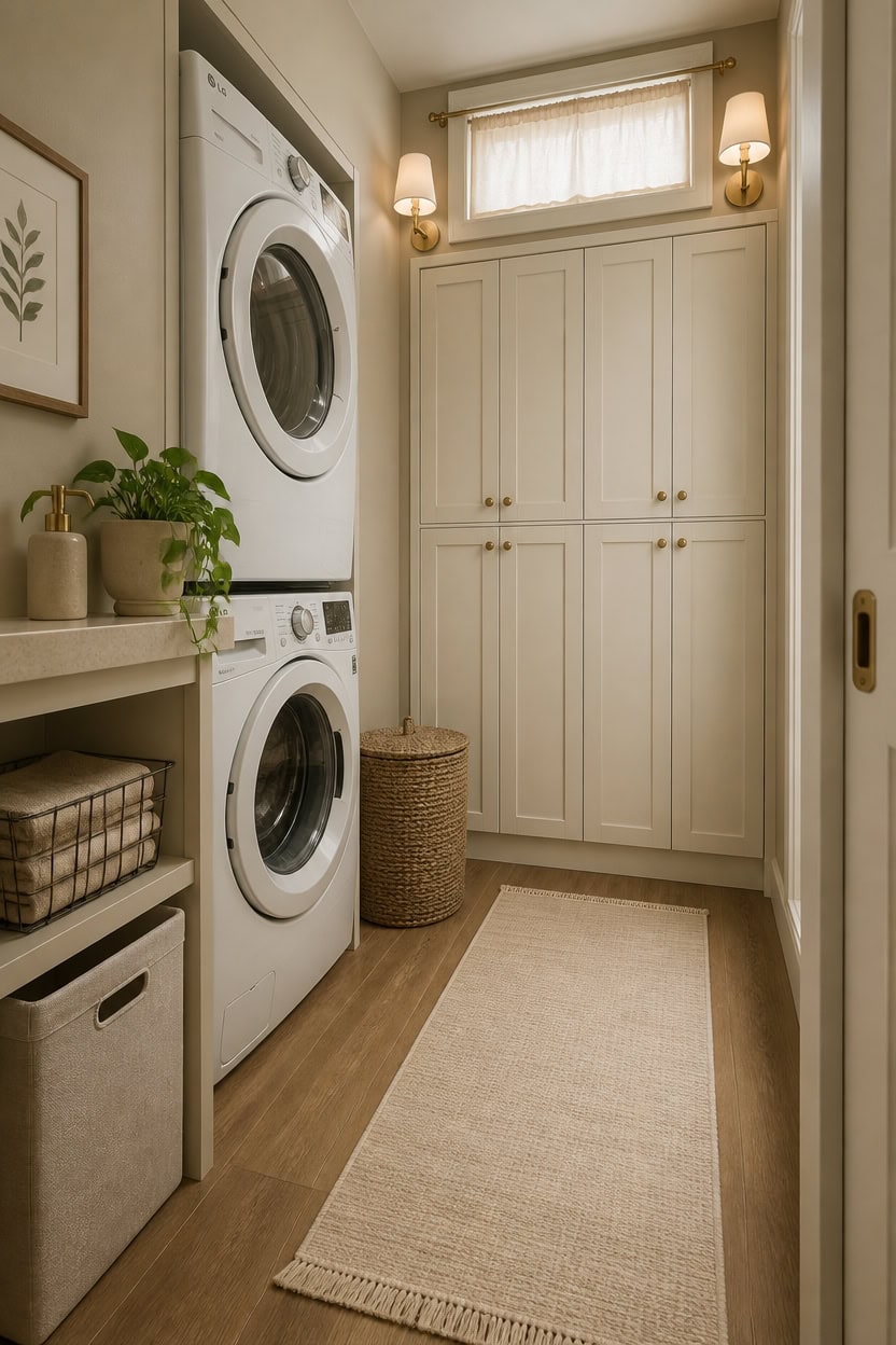 Efficient laundry space featuring stacked washer and dryer with ample storage cabinets.