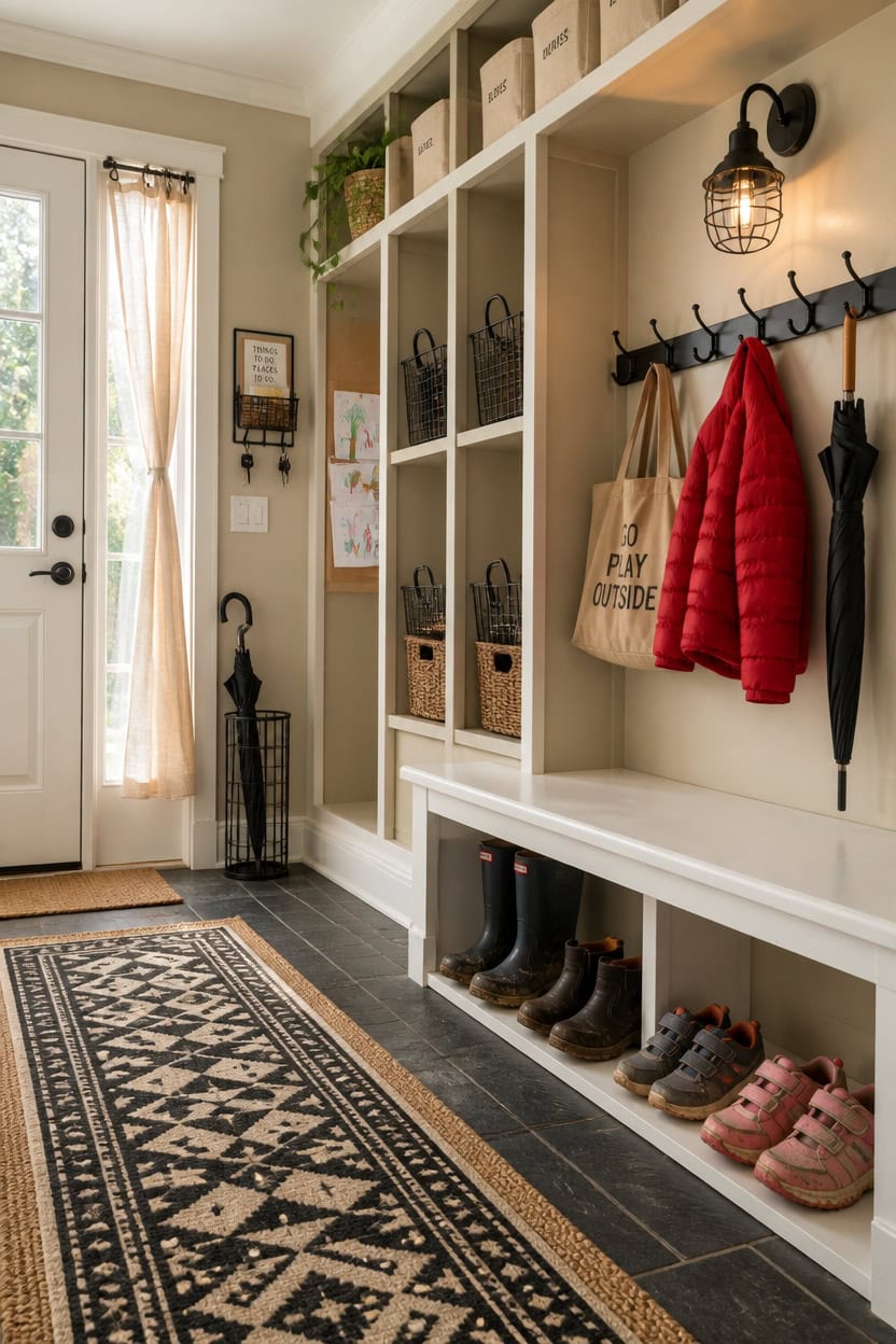 Organized mudroom with hooks, storage baskets, and shoe bench in a modern home.