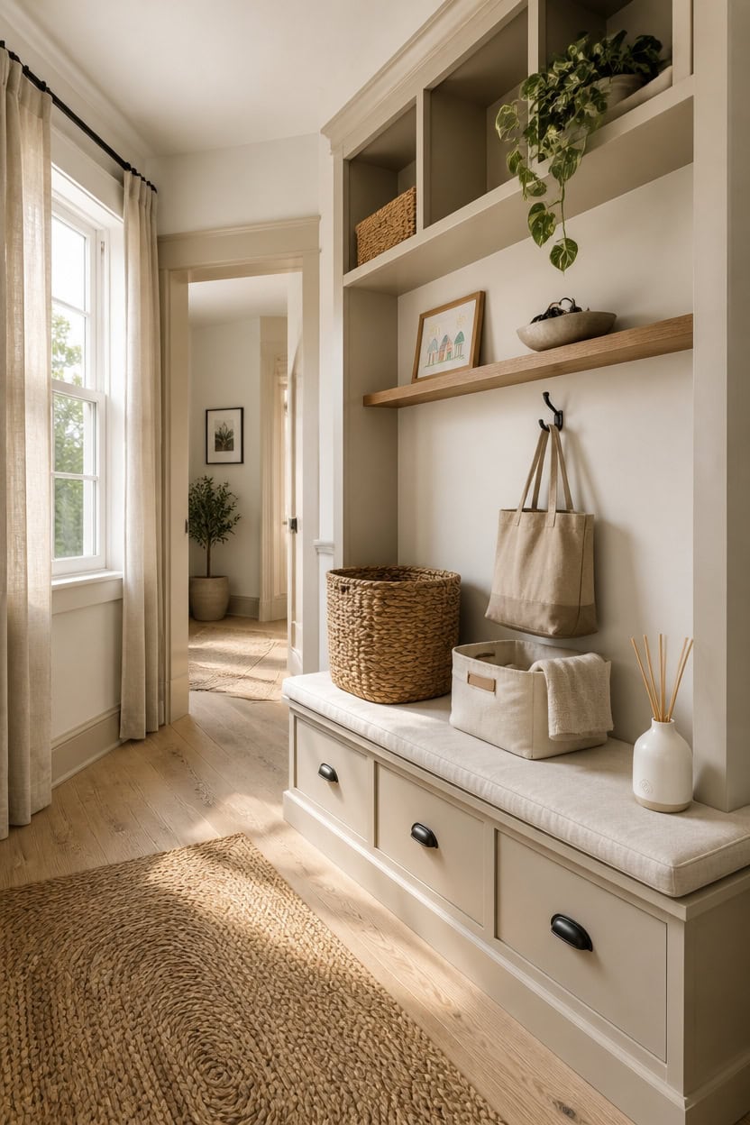 Bright entryway featuring built-in storage, decorative shelves, and natural light. Perfect for welcoming guests in a stylish.