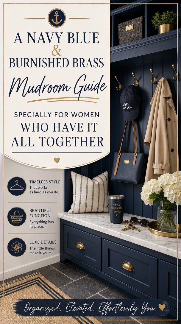 A Navy Blue & Burnished Brass Mudroom Guide Specially for Women Who Have It All Together — Pinterest Pin