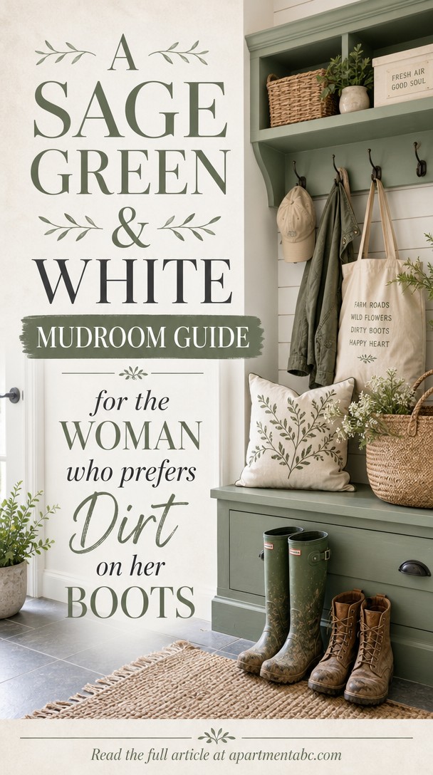 A Sage Green & White Mudroom Guide for the Woman Who Prefers Dirt on Her Boots — Pinterest Pin