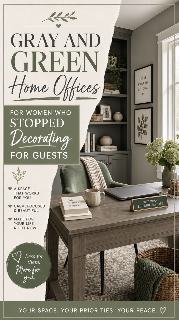 Gray and Green Home Offices for Women Who Stopped Decorating for Guests — Pinterest Pin