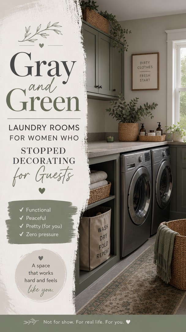 Gray and Green Laundry Rooms for Women Who Stopped Decorating for Guests — Pinterest Pin