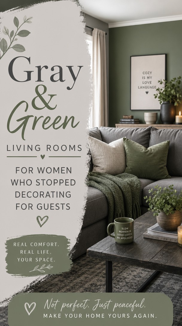 Gray and Green Living Rooms for Women Who Stopped Decorating for Guests — Pinterest Pin