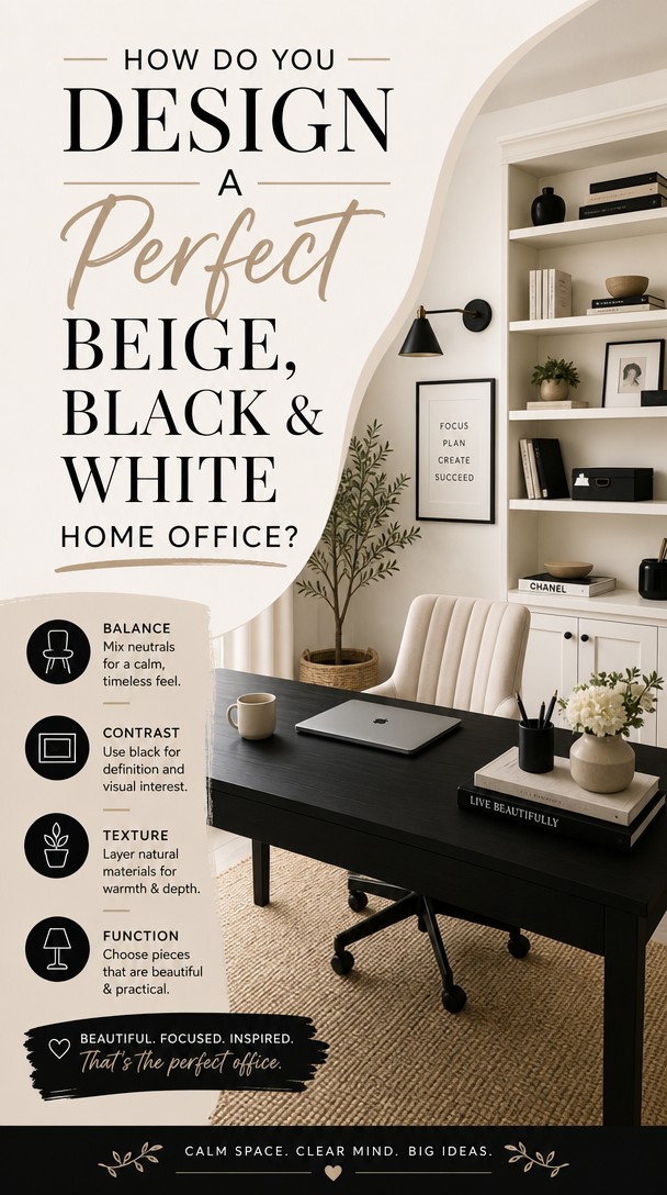 How Do You Design a Perfect Beige, Black & White Home Office? — Pinterest Pin