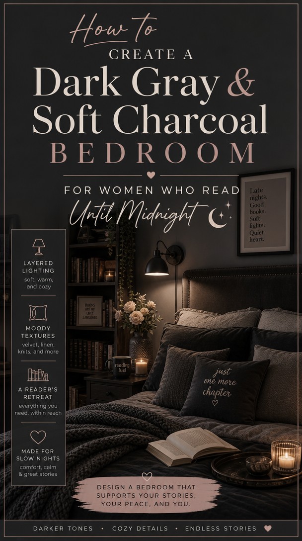 How to Create a Dark Gray & Soft Charcoal Bedroom for Women Who Read Until Midnight — Pinterest Pin