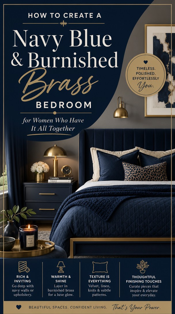 How to Create a Navy Blue & Burnished Brass Bedroom for Women Who Have It All Together — Pinterest Pin