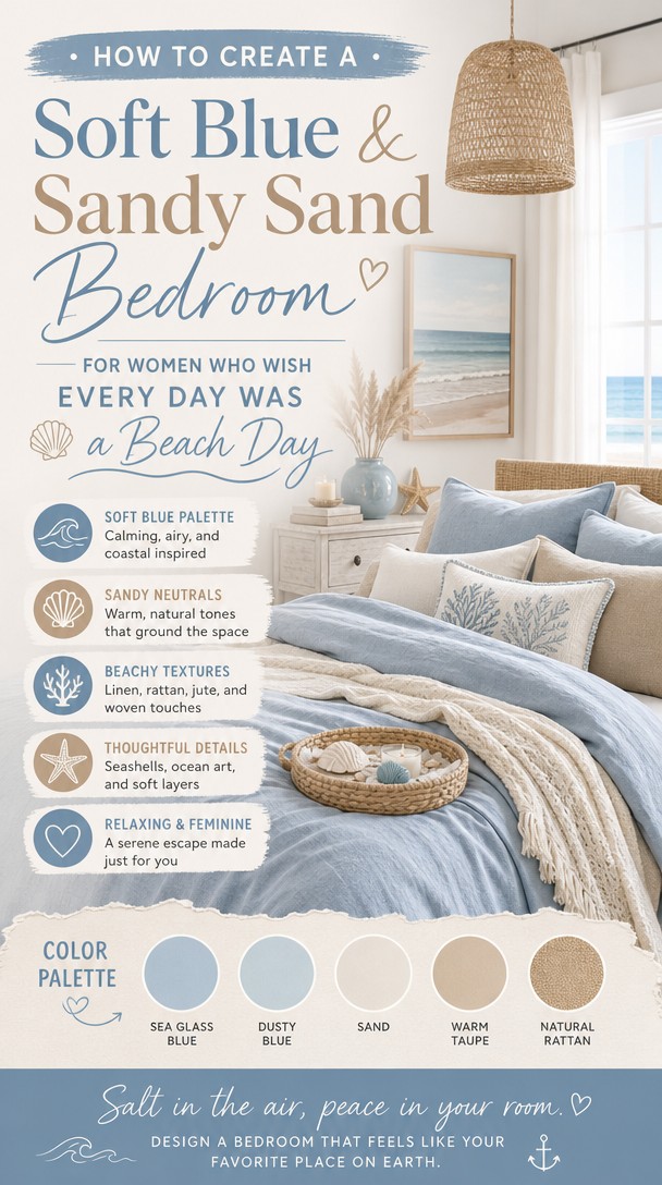 How to Create a Soft Blue & Sandy Sand Bedroom for Women Who Wish Every Day Was a Beach Day — Pinterest Pin