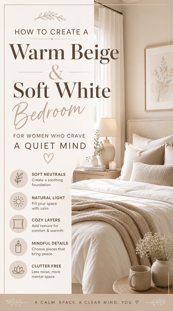 How to Create a Warm Beige & Soft White Bedroom for Women Who Crave a Quiet Mind — Pinterest Pin