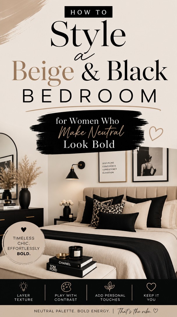 How to Style a Beige & Black Bedroom for Women Who Make Neutral Look Bold — Pinterest Pin