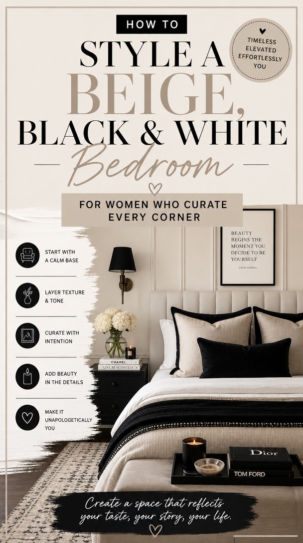 How to Style a Beige, Black & White Bedroom for Women Who Curate Every Corner — Pinterest Pin